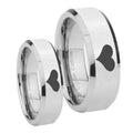 Heart Beveled Edges Silver Tungsten Mens Set Rings