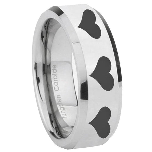 10mm Multiple Heart Beveled Edges Silver Tungsten Carbide Men's Wedding Band