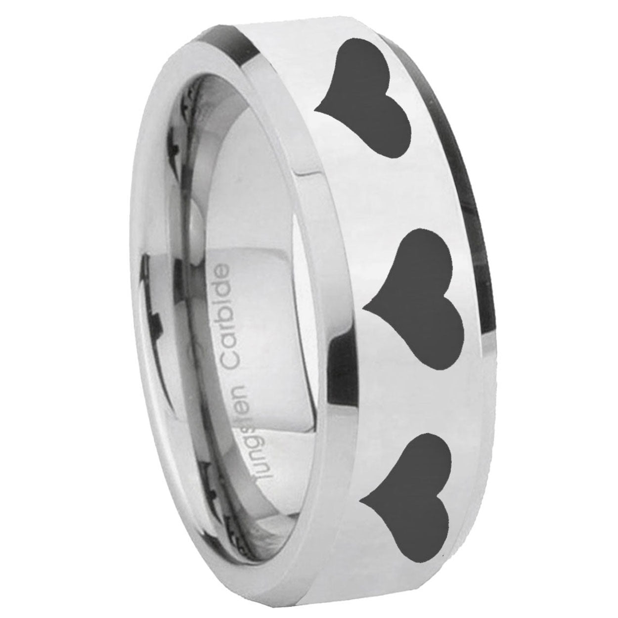 8MM Multiple Heart Bevel Polish Silver Tungsten Mens Ring