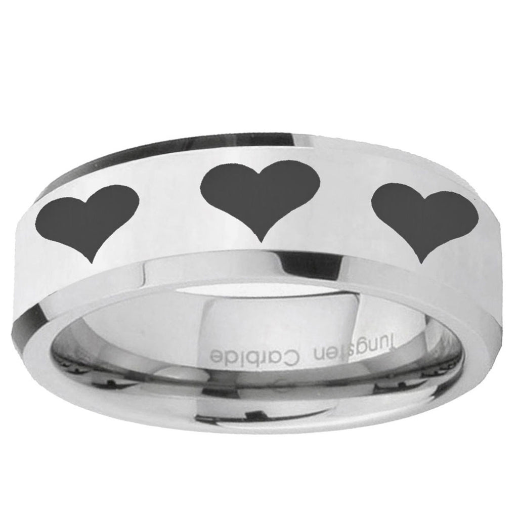10mm Multiple Heart Beveled Edge Silver Tungsten Ring