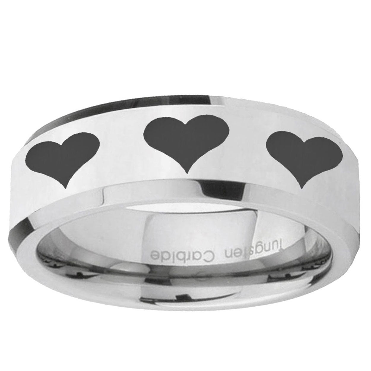 10mm Multiple Heart Beveled Edge Silver Tungsten Ring