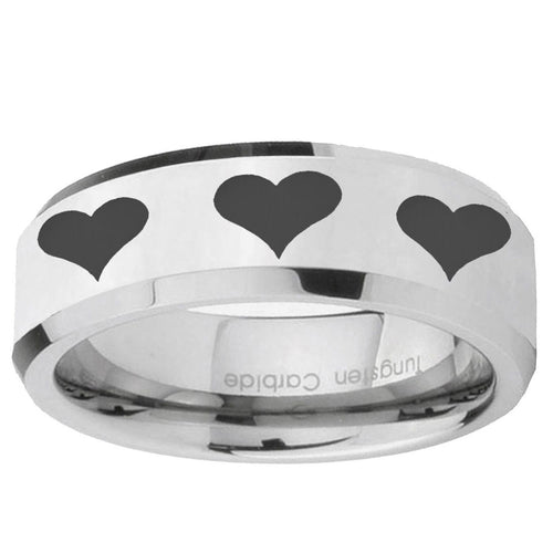 10mm Multiple Heart Beveled Edge Silver Tungsten Ring