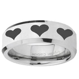 5, 8mm Multiple Heart Beveled Edge Silver Tungsten Ring