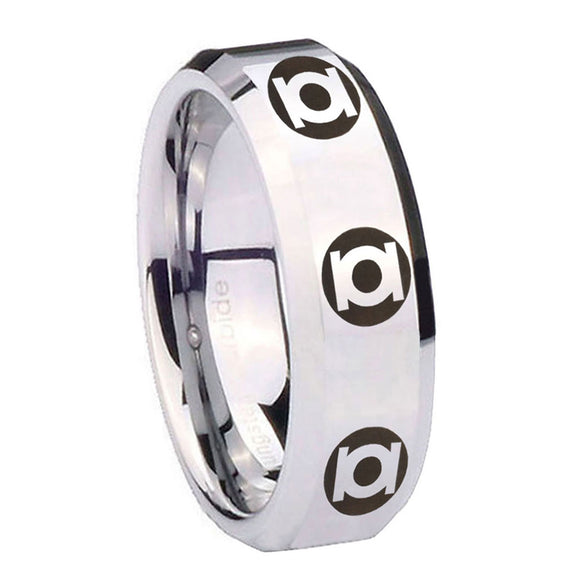 8mm Multiple Green Lantern Beveled Edge Silver Mens Work Rings