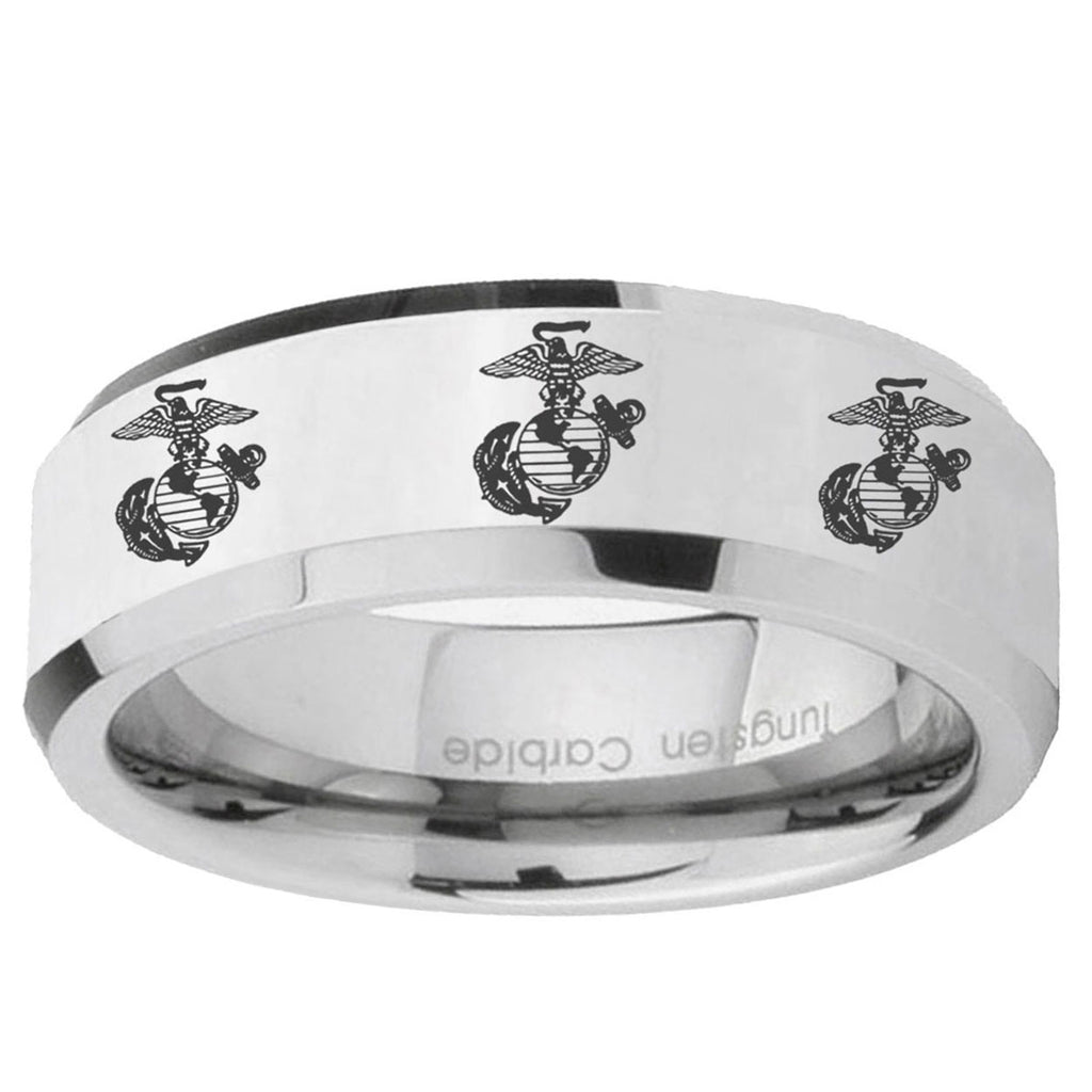 10mm Multiple Marine Beveled Edge Silver Tungsten Ring