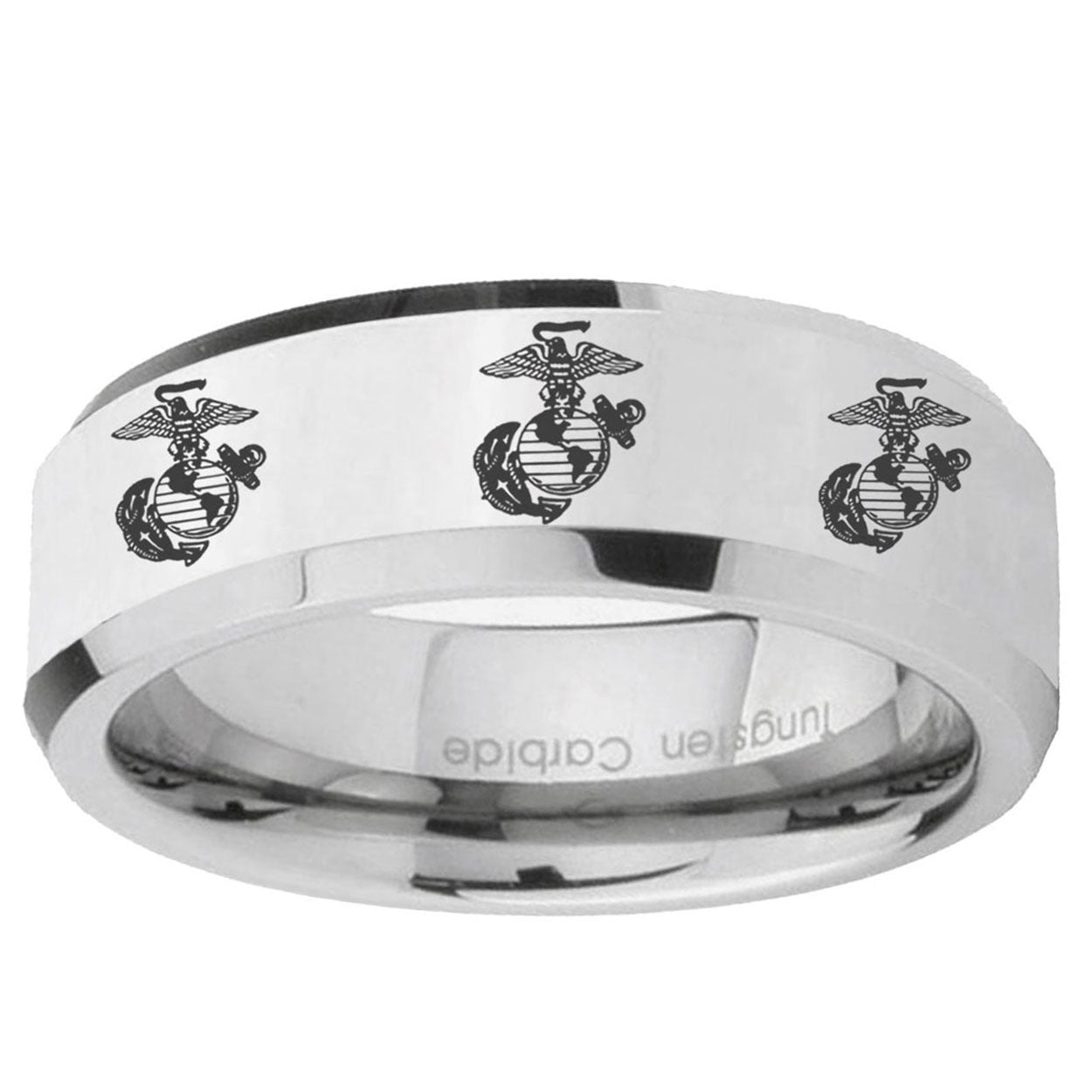 10mm Multiple Marine Beveled Edge Silver Tungsten Ring