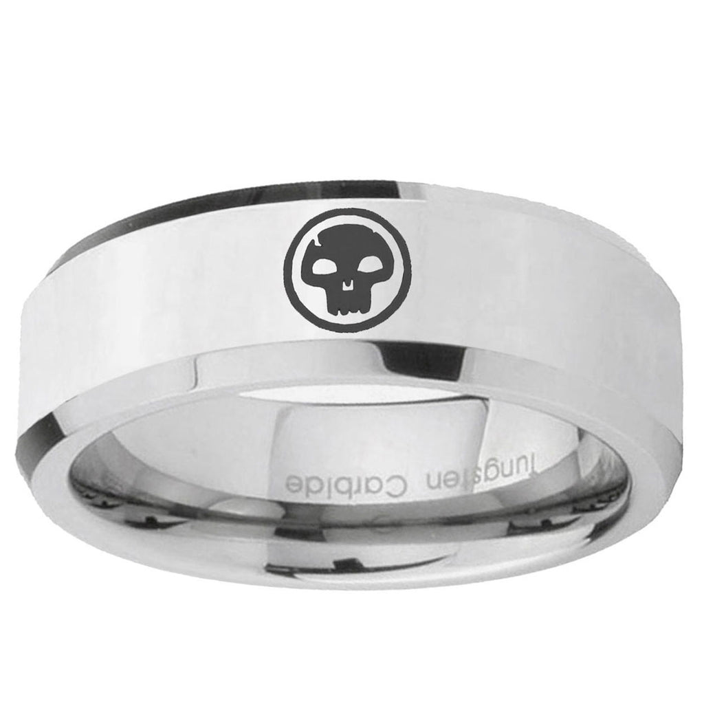 10mm Skull Beveled Edge Silver Tungsten Ring