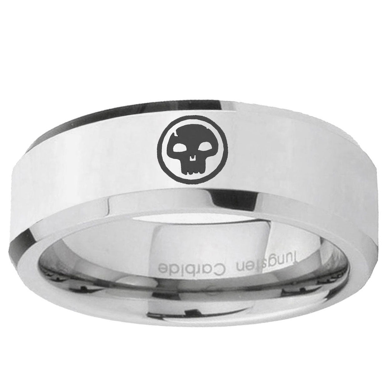 10mm Skull Beveled Edge Silver Tungsten Ring