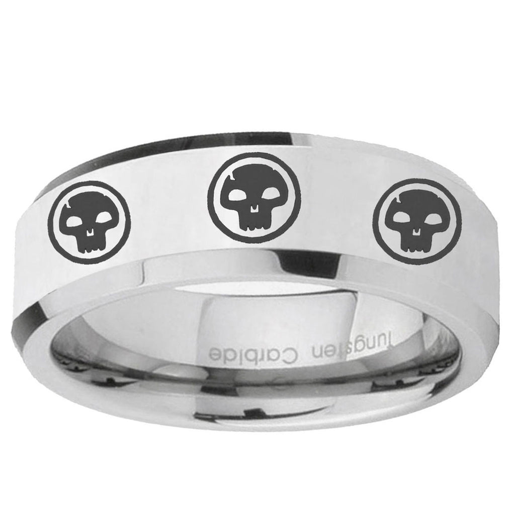 10mm Multiple Skull Beveled Edge Silver Tungsten Carbide Promise Ring