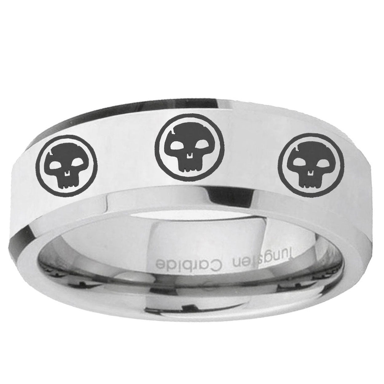 10mm Multiple Skull Beveled Edge Silver Tungsten Carbide Promise Ring