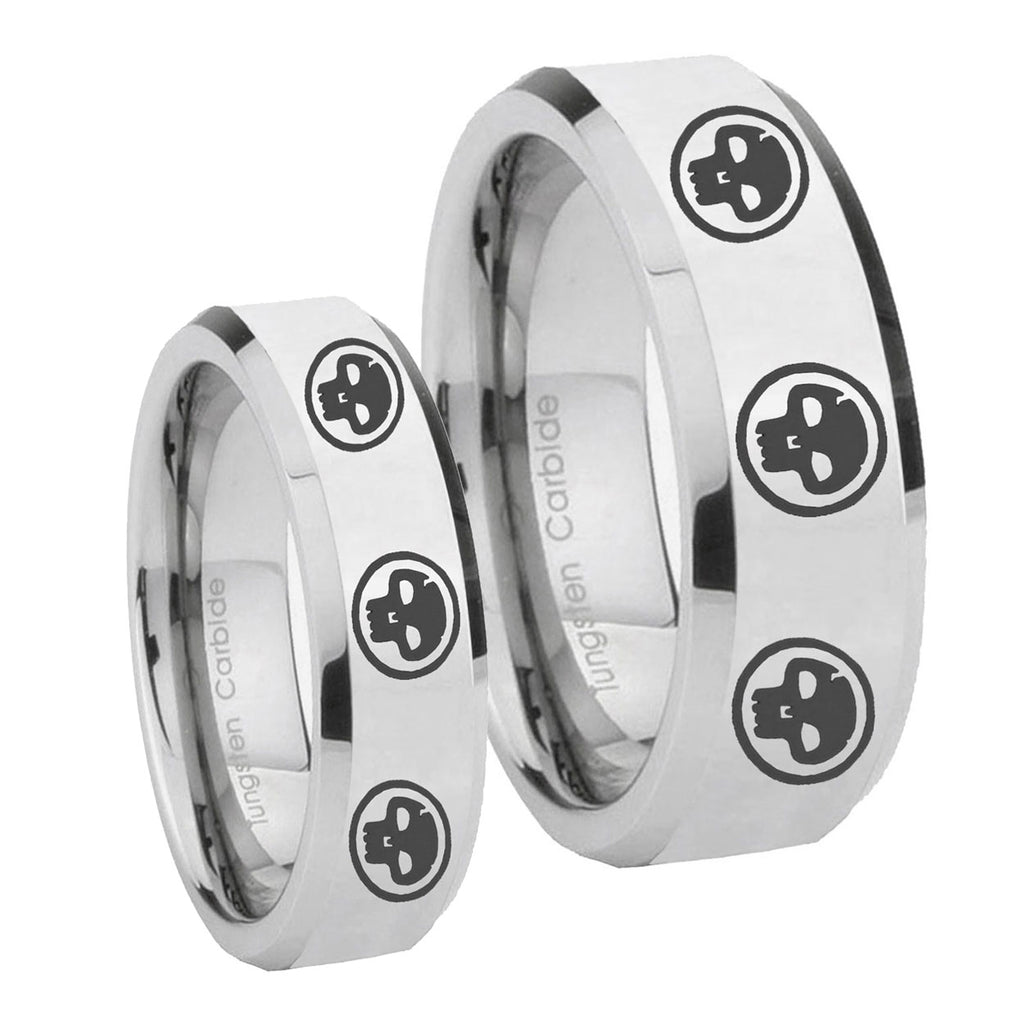 Multiple Skull Beveled Edges Silver Tungsten Wedding Ring Sets