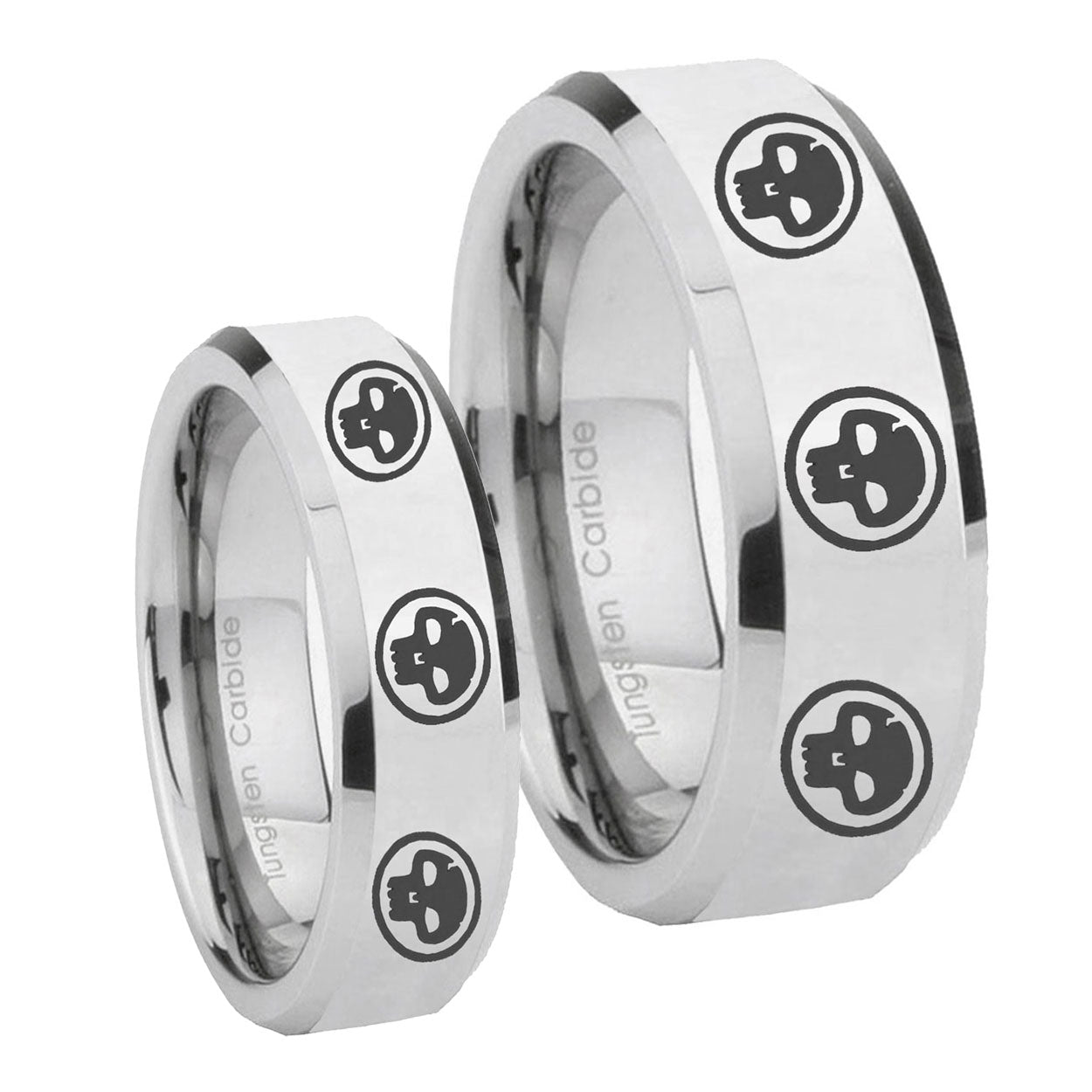 Multiple Skull Beveled Edges Silver Tungsten Wedding Ring Sets