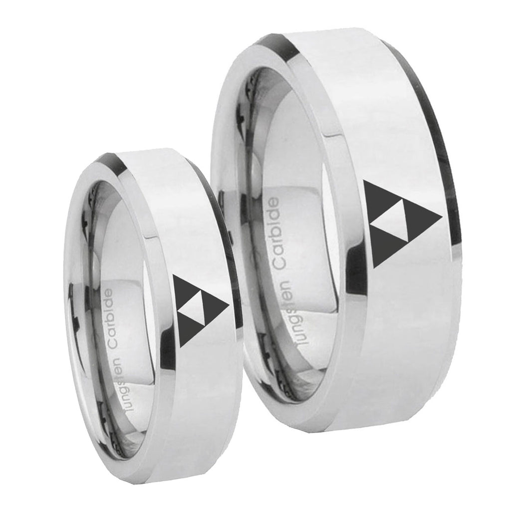 Zelda Triforce Beveled Edges Silver Tungsten Mens Set Rings