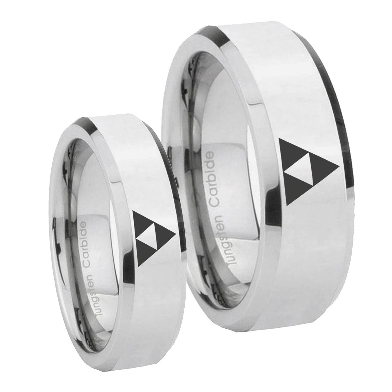 Zelda Triforce Beveled Edges Silver Tungsten Mens Set Rings