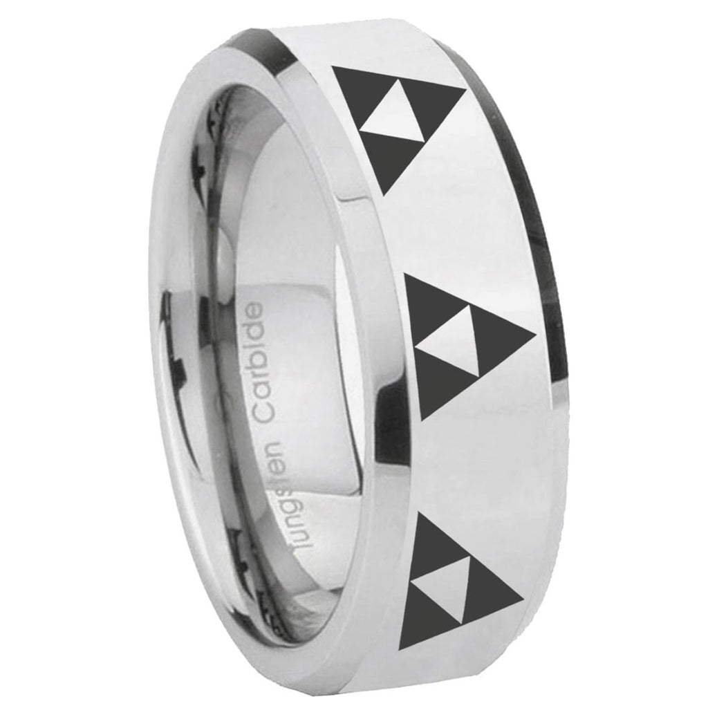 10mm Multiple Zelda Triforce Beveled Edges Silver Tungsten Engagement Ring