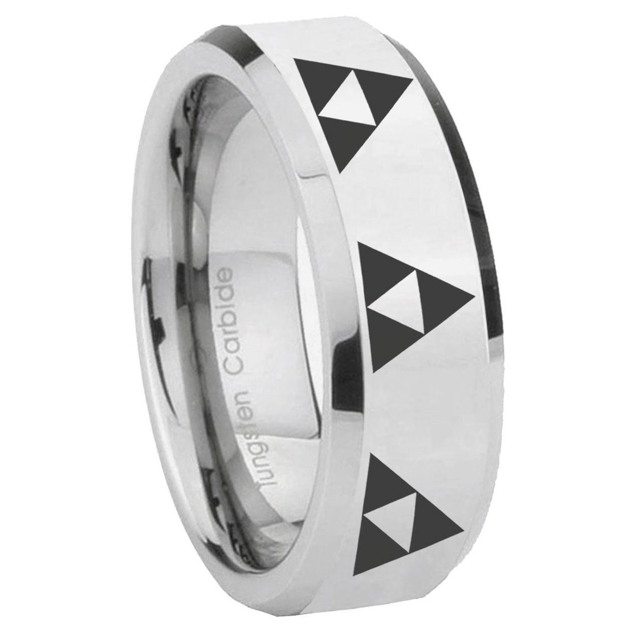 8MM Multiple Zelda Triforce Bevel Polish Silver Tungsten Ring