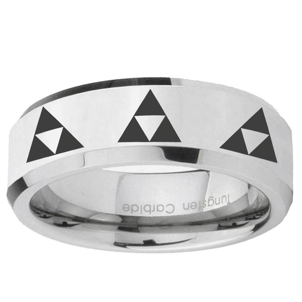 10mm Multiple Zelda Triforce Beveled Edge Silver Tungsten Ring