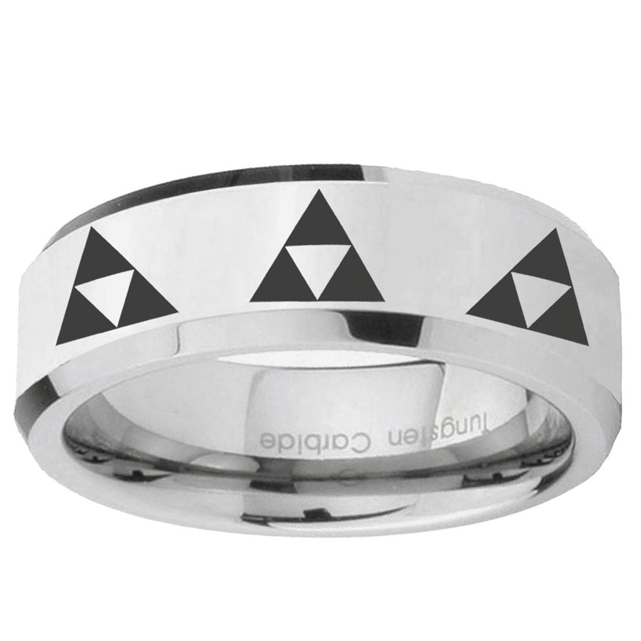 10mm Multiple Zelda Triforce Beveled Edge Silver Tungsten Ring