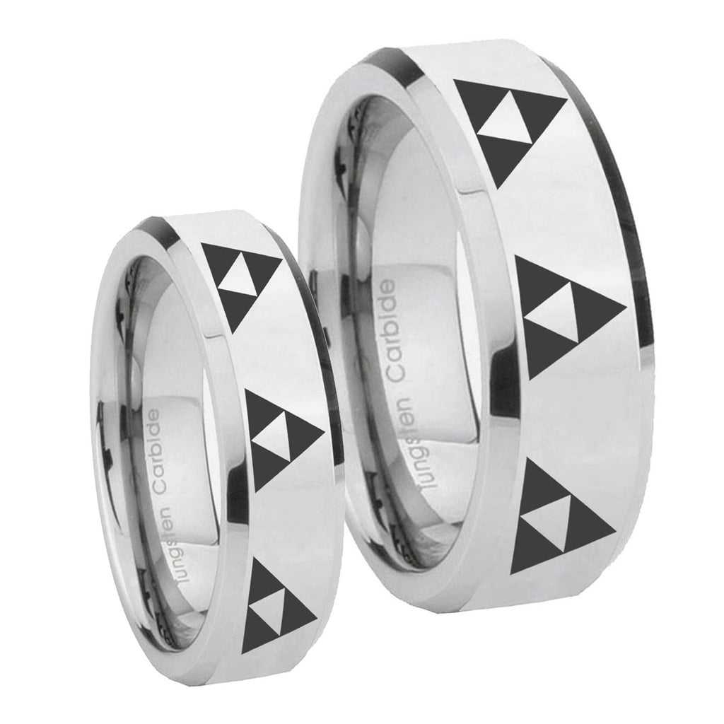 Multiple Zelda Triforce Beveled Silver Tungsten Mens Ring Set
