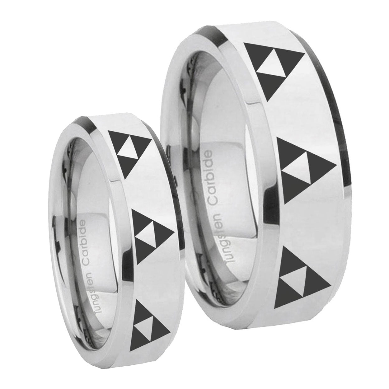 Multiple Zelda Triforce Beveled Silver Tungsten Mens Ring Set