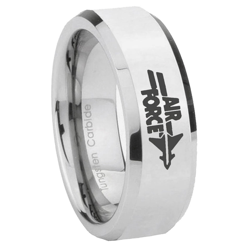10mm Beveled Air Force Mirror Beveled Edges Silver Tungsten Carbide Ring