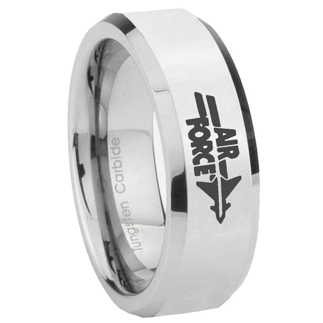 10mm Beveled Air Force Mirror Beveled Edges Silver Tungsten Carbide Ring