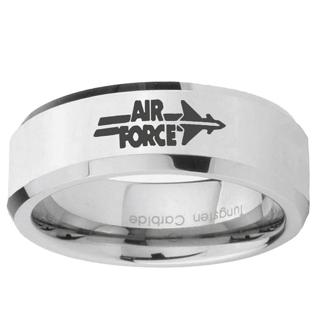 10mm Beveled Air Force Mirror Beveled Edge Silver Tungsten Carbide Ring