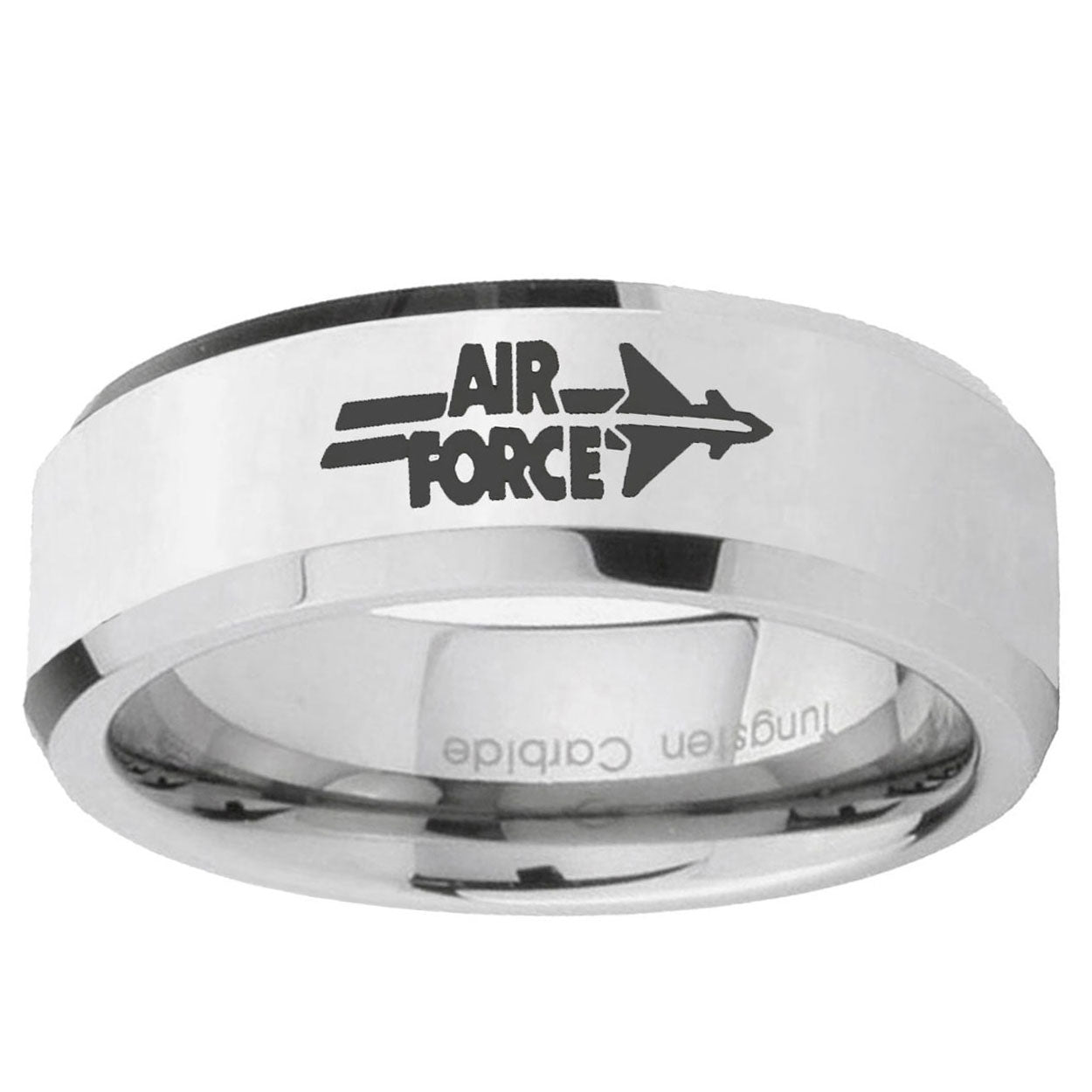 10mm Beveled Air Force Mirror Beveled Edge Silver Tungsten Carbide Ring