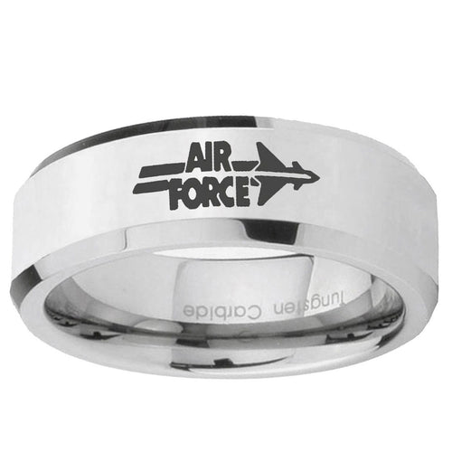 10mm Beveled Air Force Mirror Beveled Edge Silver Tungsten Carbide Ring