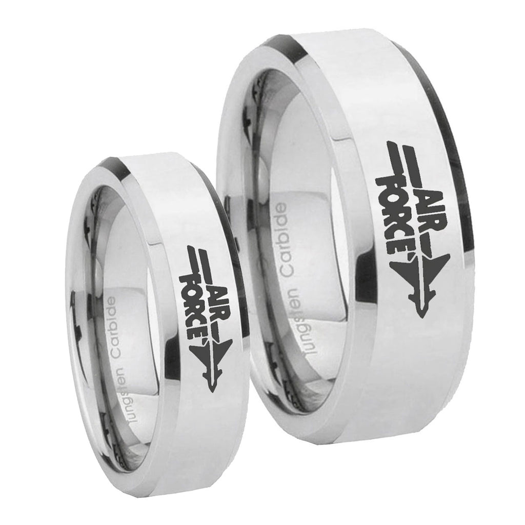 Mirror Beveled Air Force Silver Tungsten Couple Wedding Rings