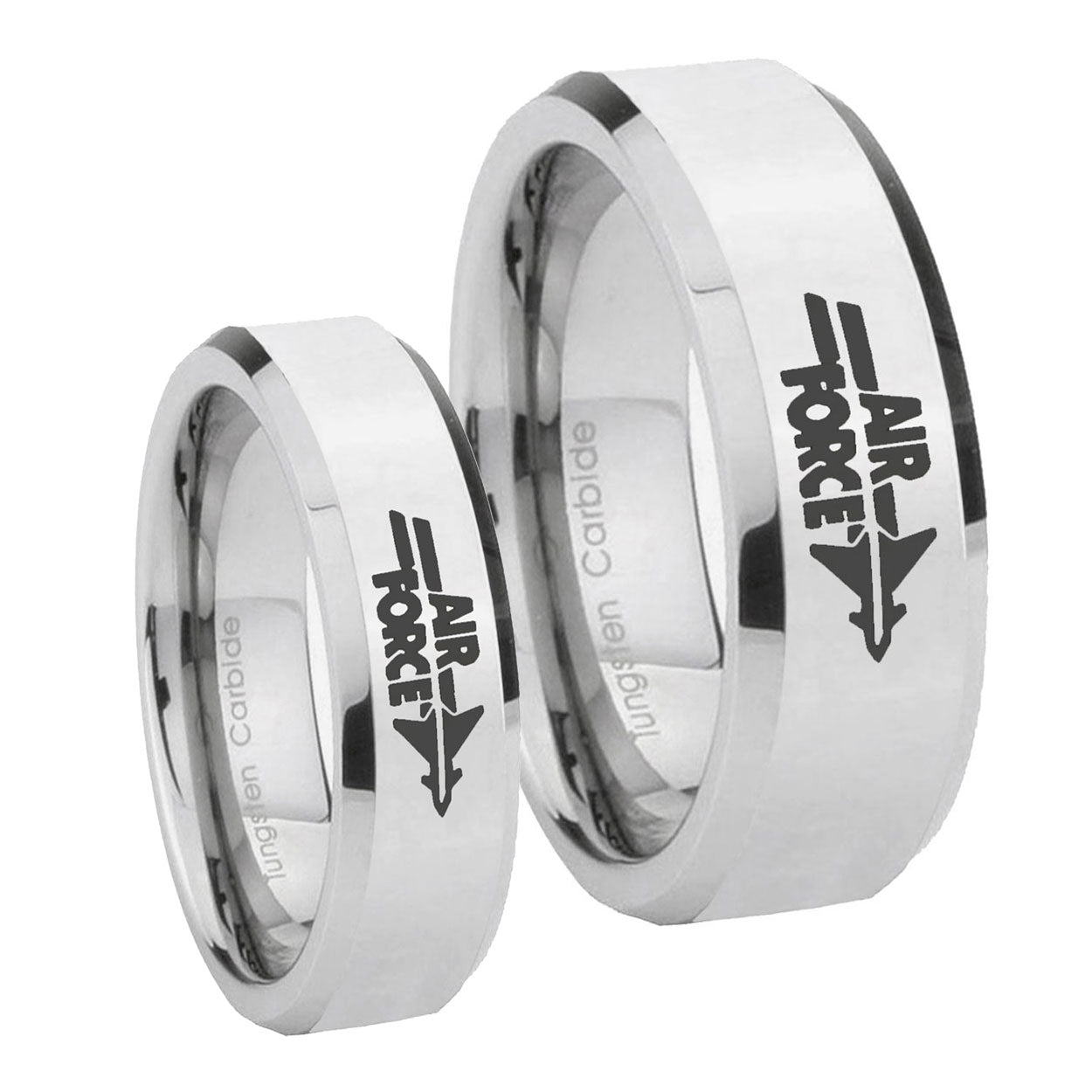 Mirror Beveled Air Force Silver Tungsten Couple Wedding Rings