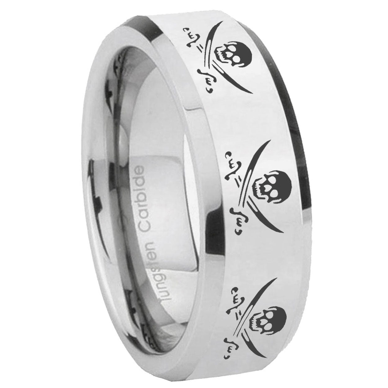 8MM Multiple Skull Pirate Bevel Polish Silver Tungsten Ring