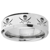 10mm Multiple Skull Pirate Beveled Edge Silver Tungsten Ring