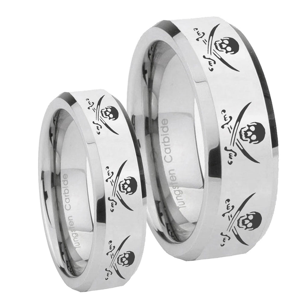 Multiple Skull Pirate Beveled Silver Tungsten Bridal Band Set