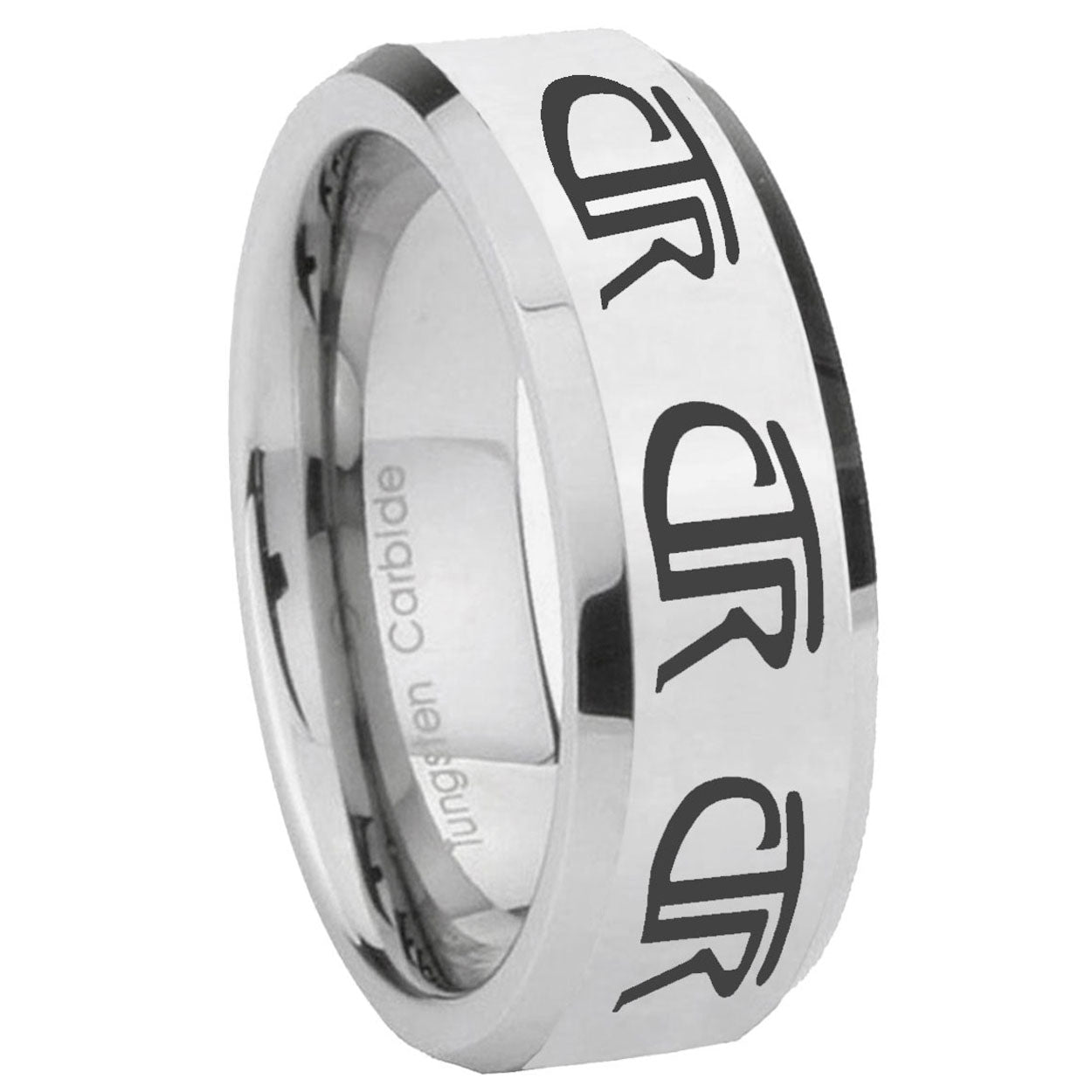 8MM Multiple CTR Bevel Bevel Polish Silver Tungsten Mens Ring