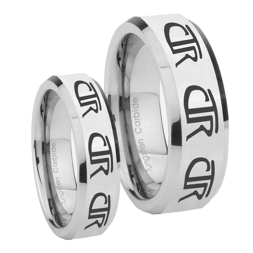 Multiple CTR Beveled Edges Silver Tungsten His Hers Set Rings