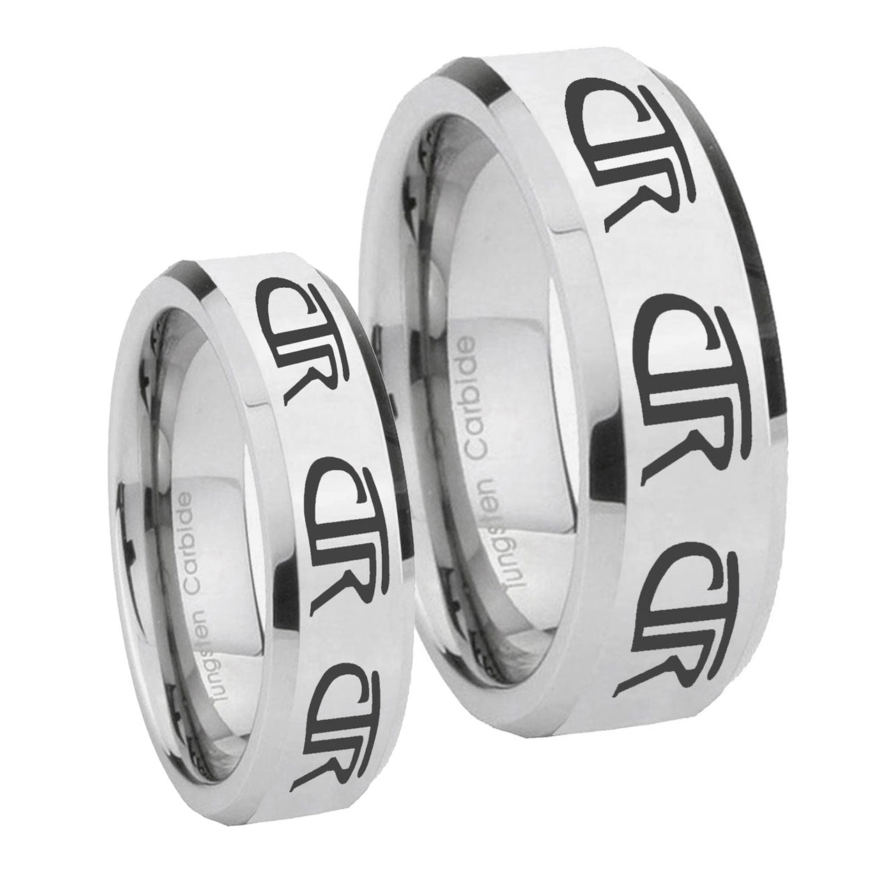 Multiple CTR Beveled Edges Silver Tungsten His Hers Set Rings