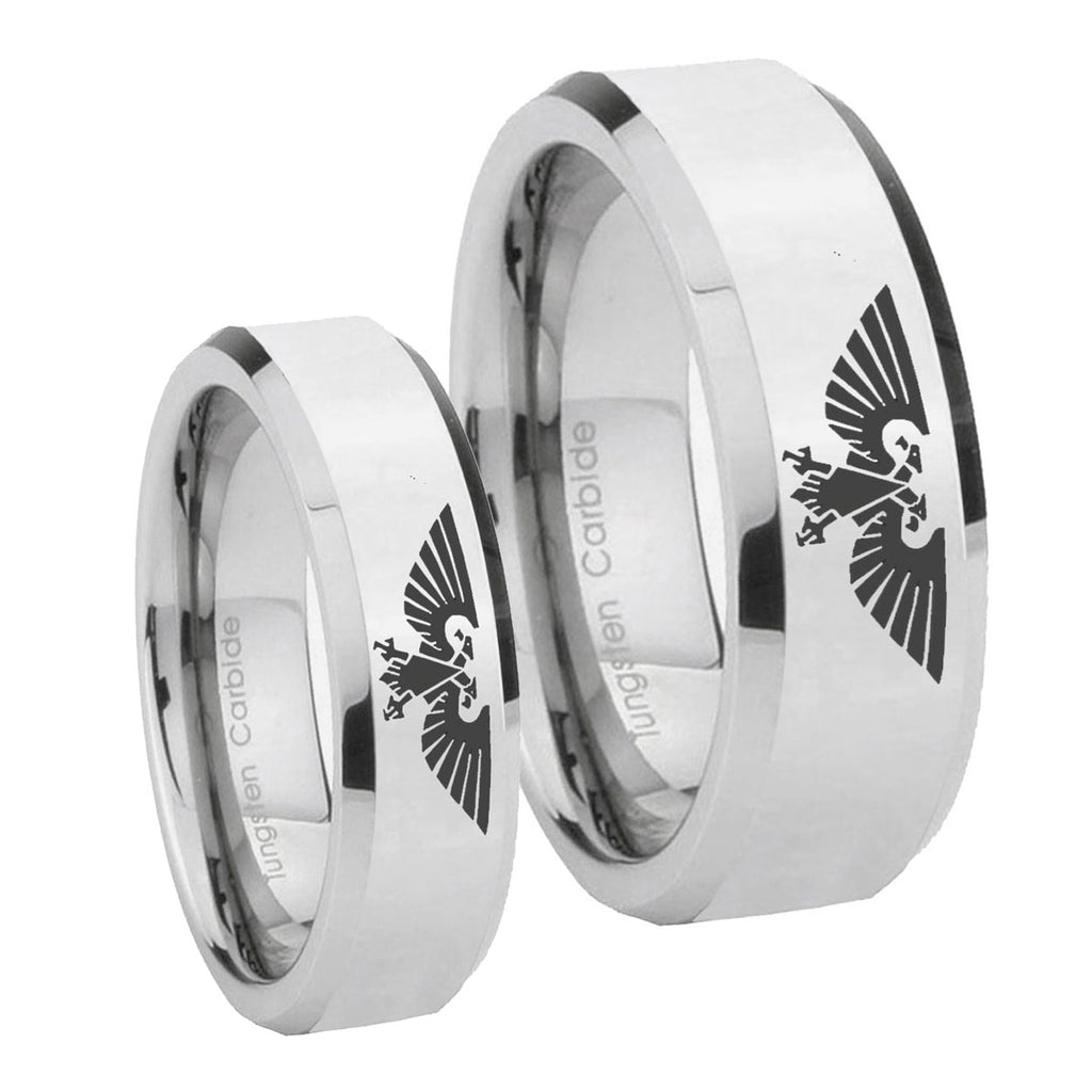 Aquila Beveled Edges Silver Tungsten His Hers Set Rings
