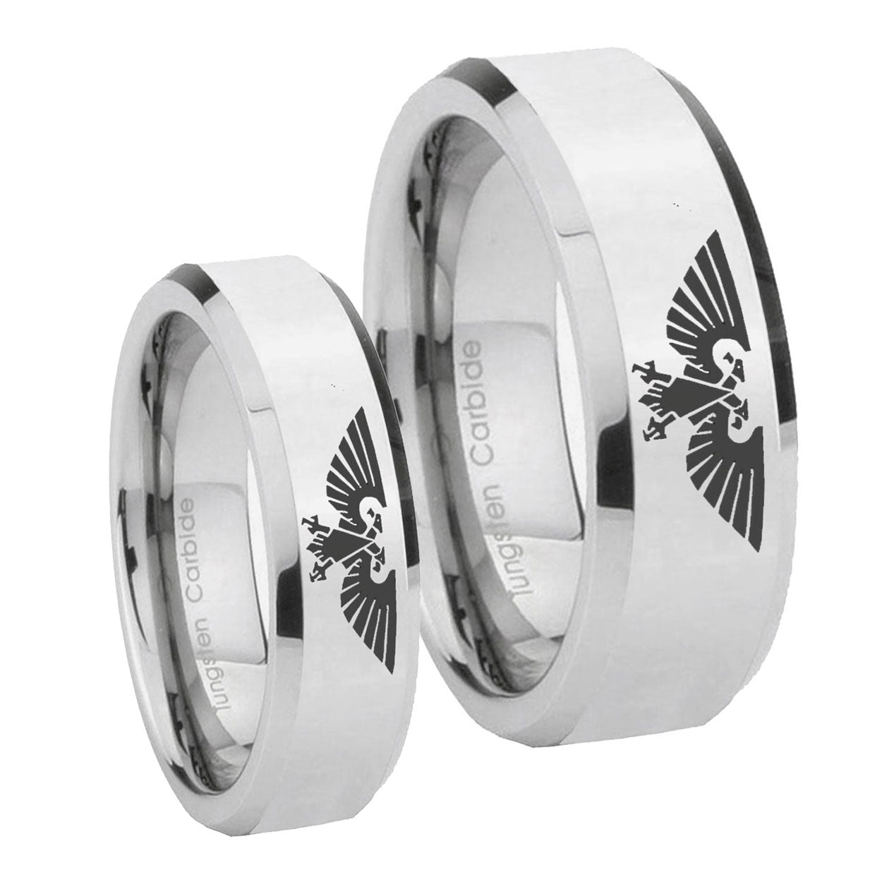 Aquila Beveled Edges Silver Tungsten His Hers Set Rings