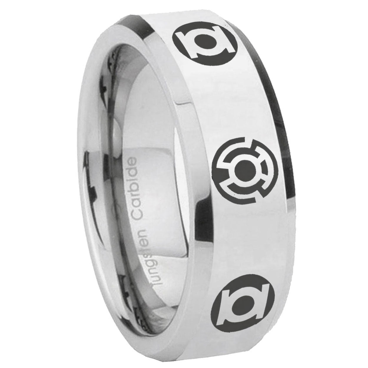 8MM Blue Green Lantern Bevel Polish Silver Tungsten Ring For Men