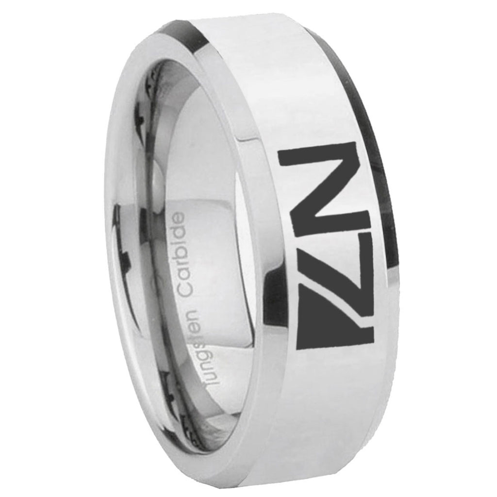 10mm N7 Design Beveled Edges Silver Tungsten Carbide Mens Ring Engraved