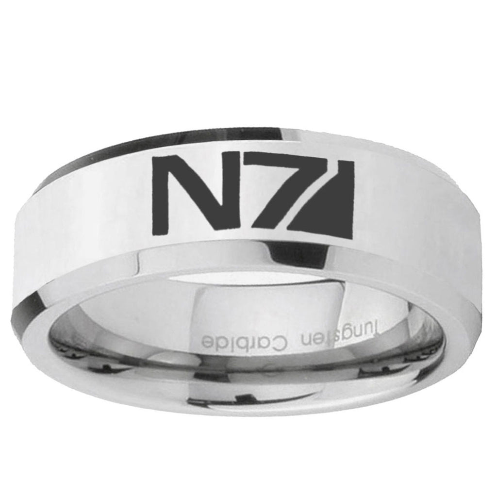 10mm N7 Design Beveled Edge Silver Tungsten Ring
