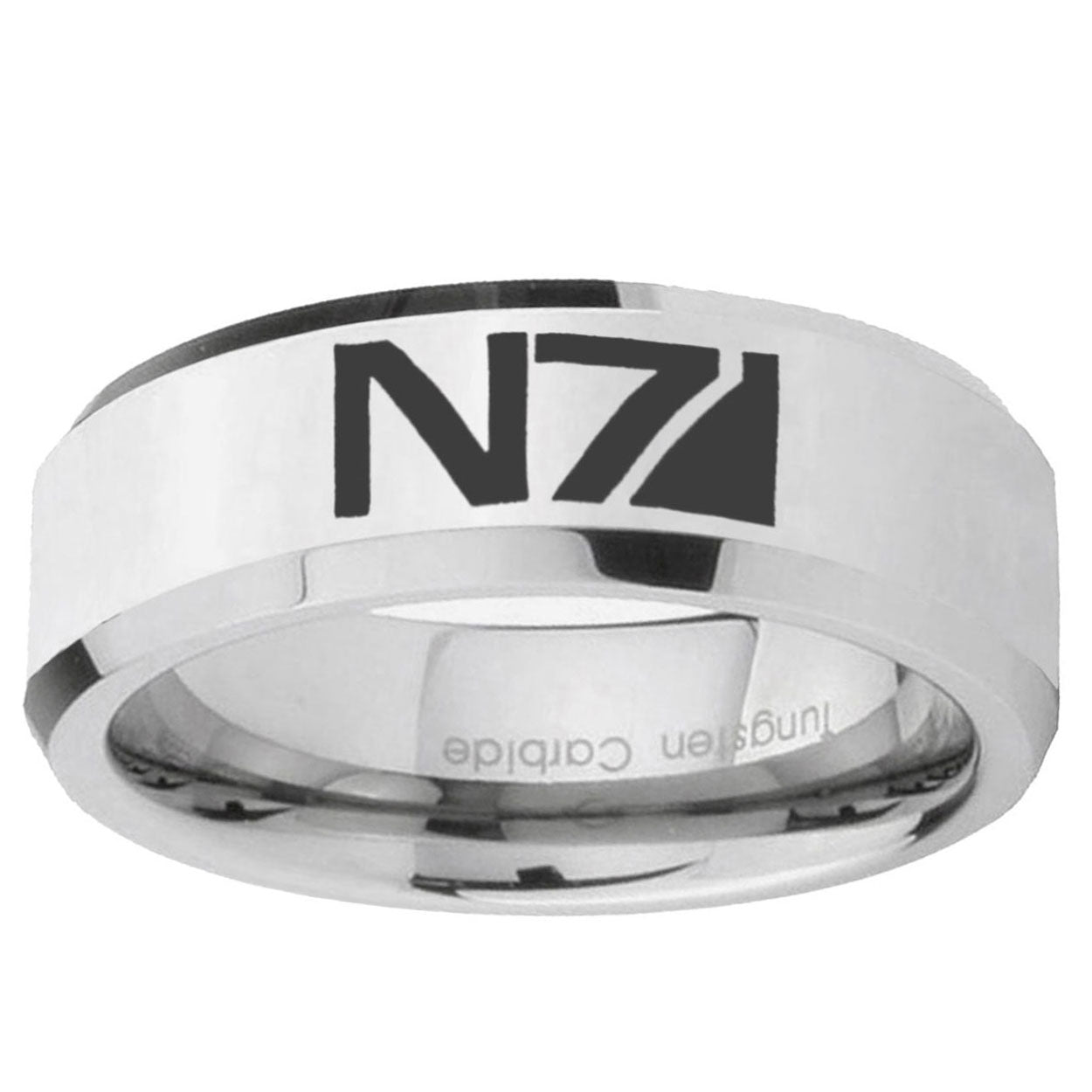 10mm N7 Design Beveled Edge Silver Tungsten Ring