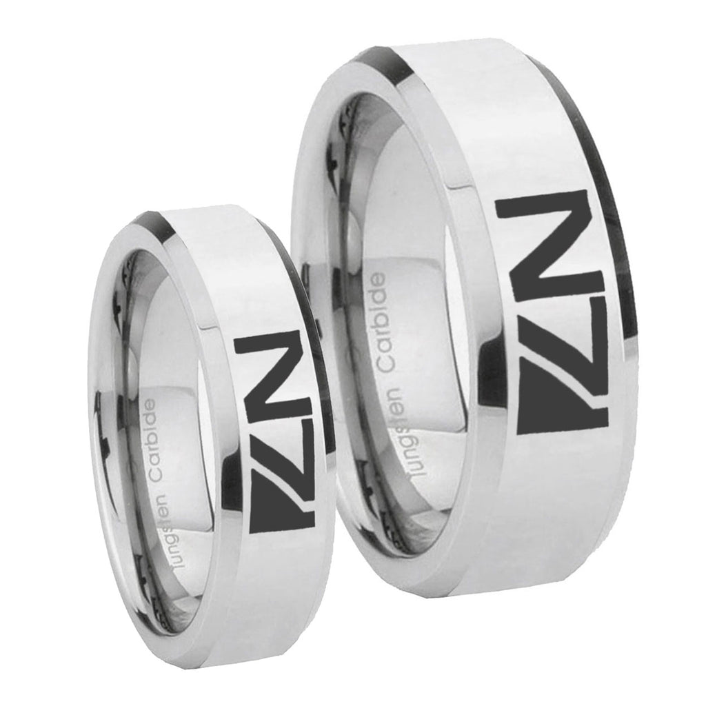 N7 Design Beveled Edges Silver Tungsten Wedding Band Set