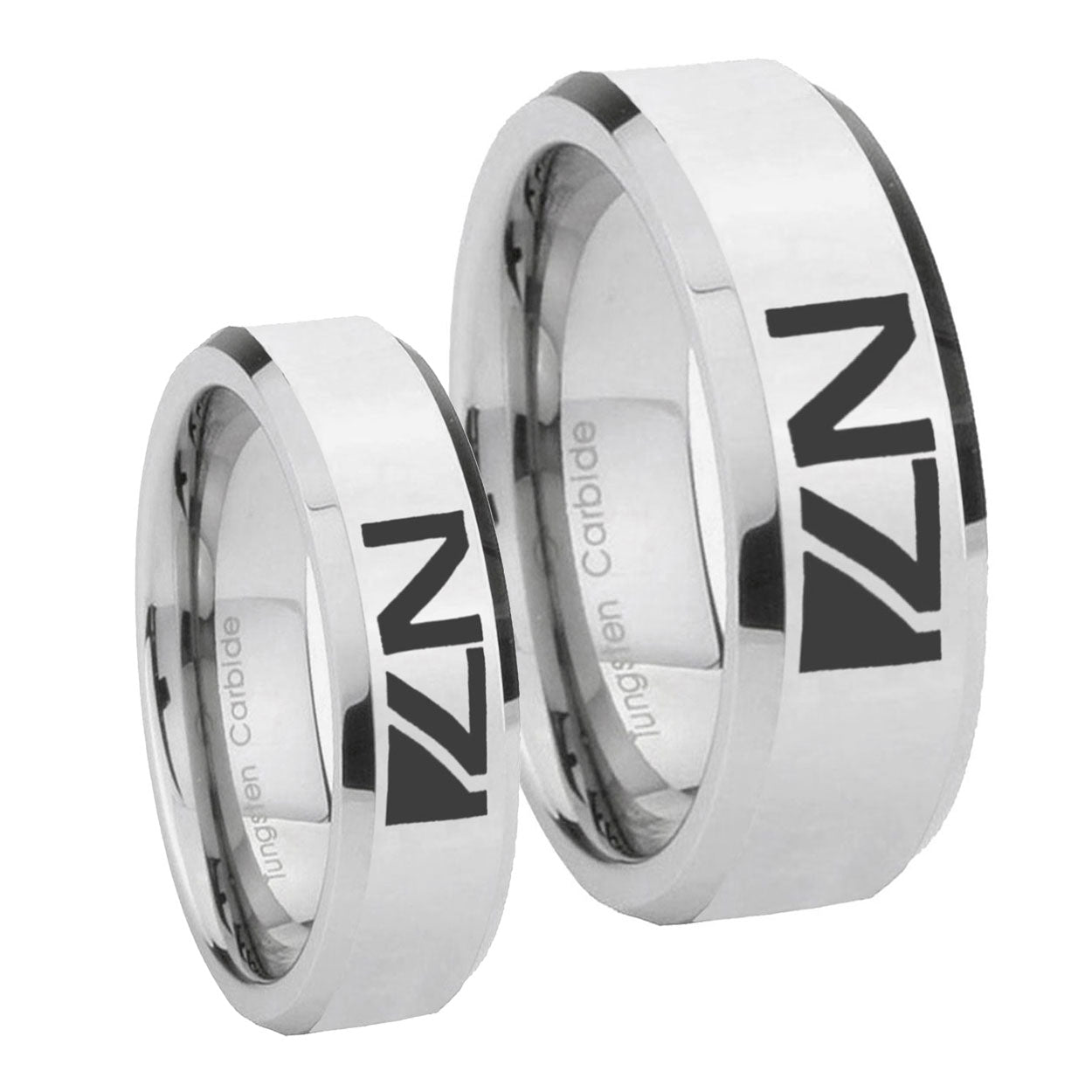N7 Design Beveled Edges Silver Tungsten Wedding Band Set