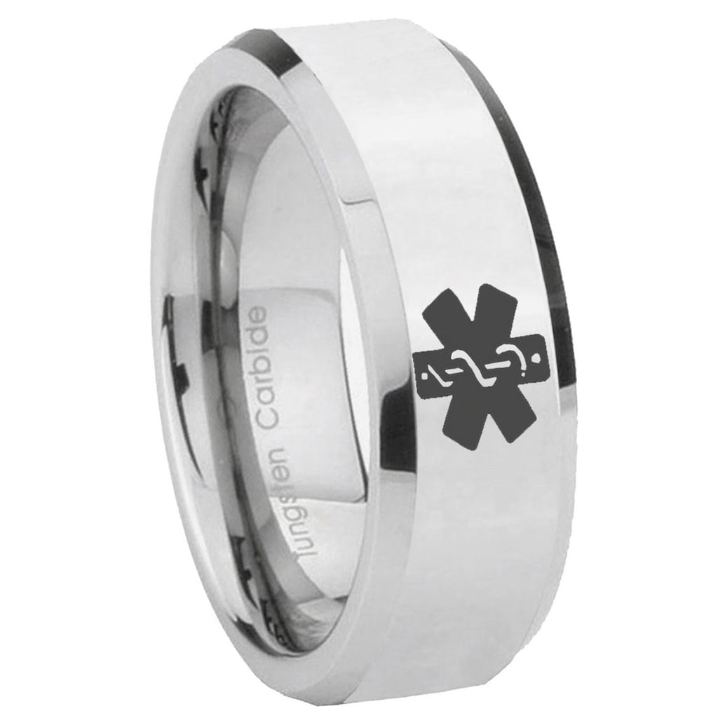 10mm Medical Alert Beveled Edges Silver Tungsten Carbide Mens Engagement Ring