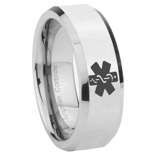 10mm Medical Alert Beveled Edges Silver Tungsten Carbide Mens Engagement Ring