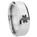 8MM Medical Alert Bevel Polish Silver Tungsten Custom Engraved Ring
