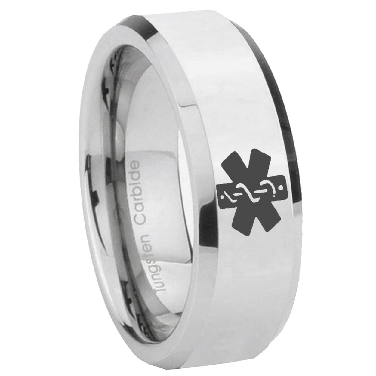 8MM Medical Alert Bevel Polish Silver Tungsten Custom Engraved Ring