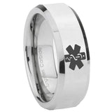 8mm Medical Alert Beveled Edges Silver Tungsten Carbide Personalized Ring